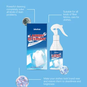 Vue détaillée du spray et de la boîte de détergent à lessive JAKEHOE pour les taches.