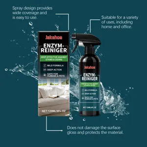 Detail view of enzyme cleaner spray bottle showing wide coverage and effective stain removal.