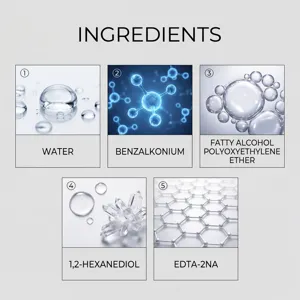 Shower glass cleaner product ingredient details infographic showing key active formula components.