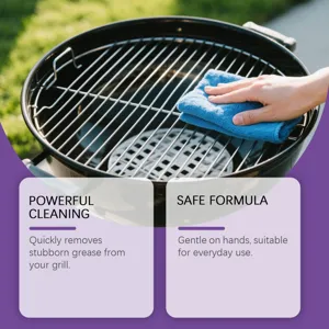 Détail nettoyant barbecue montrant le dégraissage puissant des grilles de cuisson.