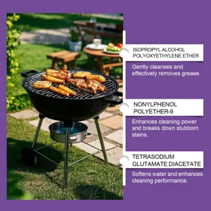 Image de détail nettoyant barbecue Jakehoe avec ingrédients puissants contre la graisse tenace.