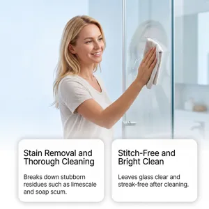 Premium glass cleaning cloth for streak-free sparkling bathroom mirrors and shower doors.