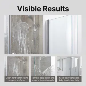 Detail view showing bathroom glass cleaner removing hard water stains and soap scum clearly.