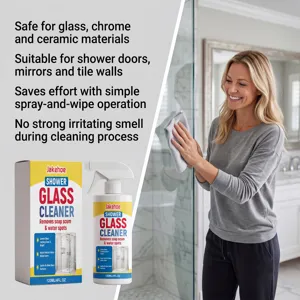 Shower glass cleaner spray for bathroom mirrors, tiles, and chrome surfaces with easy use.