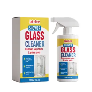 Jakehoe shower glass cleaner spray removes soap scum and water spots for clear surfaces. 120ml