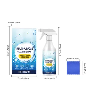 Detailed dimensions of multi-purpose cleaning spray bottle, box and cleaning cloth set.