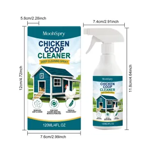 Detail view of MoonSpry chicken coop cleaner bottle and box with exact size dimensions.