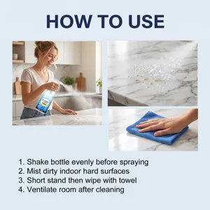 Multi-purpose home cleaning spray detail showing step-by-step usage on marble surfaces.