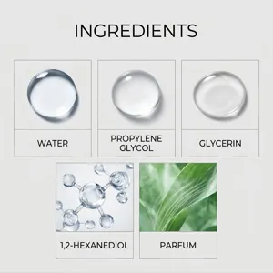 Close-up ingredient detail view showing water, propylene glycol, glycerin, and active formula.