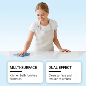 Multi-purpose surface cleaning spray and cloth for kitchen bathroom household daily use.