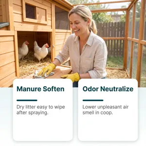 Chicken coop cleaning spray application scene showing wooden henhouse and clean interior.