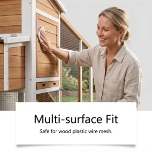 Wooden chicken coop cleaning spray demonstration showing safe multi-surface wipe use.