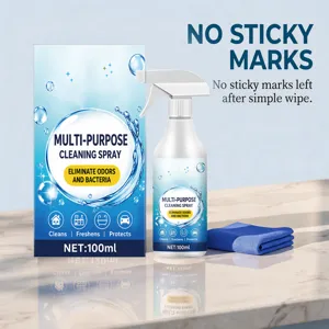 Detailed view of multi-purpose cleaning spray bottle and packaging on a clean countertop.