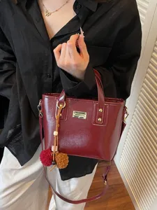 Womens PU Leather Bucket Bag Top Handle Crossbody Bag Fashion Casual Handbag With Metal Plate Pom-Pom Pendant Daily Purse