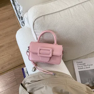 Detailed view of the trendy pink small square handbag with chic buckle and top handle.