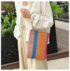 Zomer strand resort geweven stro clutch tas voor dames, stijlvolle kleurrijke handtas.