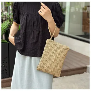 Gevlochten stro clutch tas voor dames, stijlvolle zomerse strand vakantie handtas voor dagelijks.
