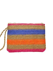 Zomer stro geweven clutch tas voor vrouwen, kleurrijke strand handtas met polsbandje.