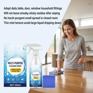 Multi-purpose household cleaning spray for table, door, window, kitchen and bathroom surfaces.