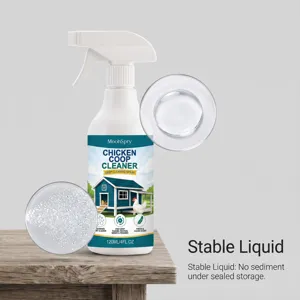 Detail view of chicken coop cleaner spray bottle featuring liquid texture and stable formula.