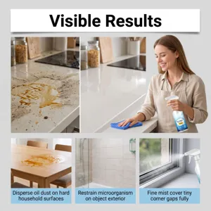 Multi-purpose cleaning spray detail showing kitchen and window cleaning performance with fine mist.