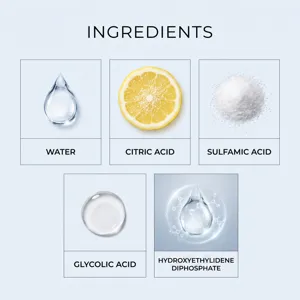 Vue détaillée des ingrédients actifs puissants du nettoyant incluant des acides citriques.