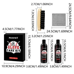Vue détaillée du kit d'entretien pour gant de baseball avec dimensions de la boite et brosse.