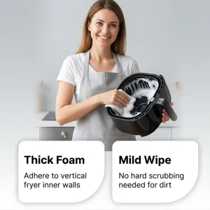 Detail de la mousse nettoyante montrant son application a l'interieur d'une friteuse.
