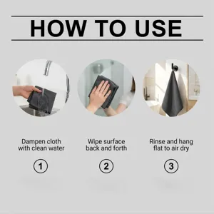Step-by-step usage guide for microfiber cleaning cloth, showing dampening, wiping, and drying.