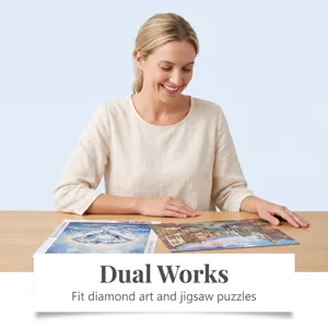 Detail shot of diamond art and jigsaw puzzle sealant application scene on wooden table.