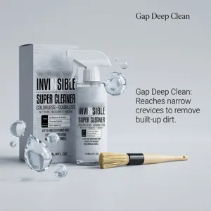 Detail view of multi-purpose cleaner spray bottle and brush for deep crevice cleaning.