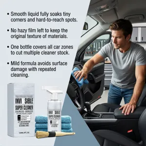 Multipurpose interior cleaner detail showing spray bottle, box, microfiber towels and brush set.