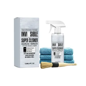 Multi-purpose cleaner spray set with microfiber towels and brush for daily home cleaning.