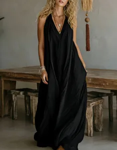 Vestido largo maxi negro sin mangas estilo boho para mujer holgado con bolsillos.