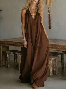 Vestido largo holgado sin mangas de algodón con bolsillos y cuello en V para el verano.