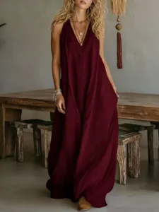 Vista detallada del vestido largo casual sin mangas holgado con bolsillos de algodón.