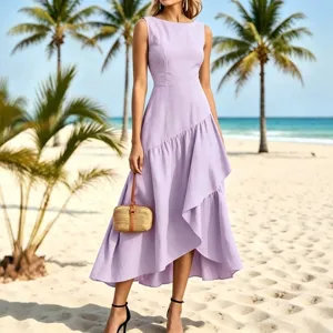 Elegante abito lungo lavanda senza maniche con orlo asimmetrico a volant per le vacanze estive.