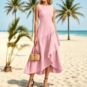 Abito rosa smanicato con orlo asimmetrico a volant, elegante stile da vacanza estiva.
