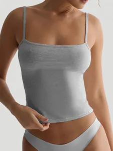 Grey ribbed crop camisole for women, stylish basic tank top for casual daily wear.