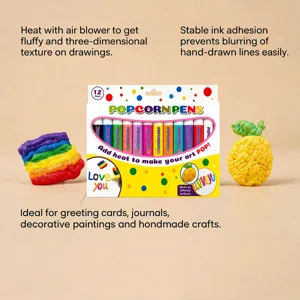 Vue détaillée des stylos pop-corn avec 12 couleurs vibrantes et des créations d'art 3D gonflées.