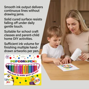 Vue détaillée des stylos popcorn avec 12 couleurs vibrantes et un flux d'encre fluide.