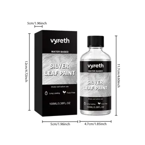 Detail view of 100ml silver leaf paint bottle with packaging box showing exact product dimensions.
