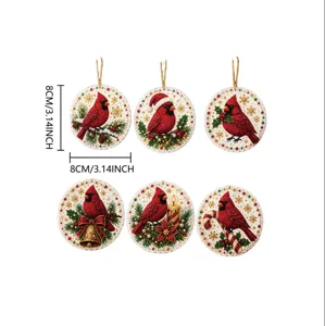 DIY red cardinal diamond painting pendant set, Christmas round hanging decor with rhinestones.