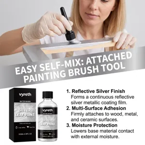Close-up detail of reflective silver paint with brush, offering multi-surface adhesion and shine.