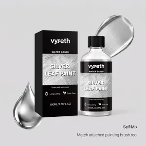 Detail shot of vyreth 100ml water-based silver leaf paint bottle and box with brush tool.
