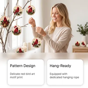 Detailed scene of DIY diamond painting cardinal bird hanging ornaments displayed in warm home decor.