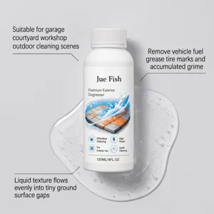 Detailed view of Jue Fish exterior degreaser bottle with liquid texture for outdoor cleaning.