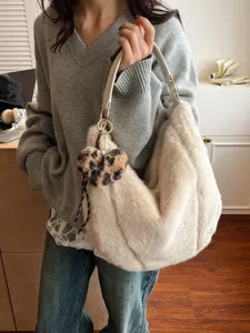 Fuzzy plush hobo shoulder bag for women, soft winter casual large capacity tote handbag