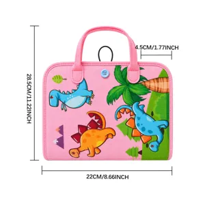 Libro sensorial portátil para niños, libro tranquilo de fieltro rosa con lindo patrón de dinosaurio.
