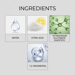 Infographie détaillée des ingrédients montrant l'eau l'acide citrique et les éléments.